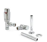 Hot Flow Chrome Marella Modern Thermostatic Radiator Valve Angled TRV. Includes Angled TRV Body, Wheel Head, Lock Shield & Pipe Sleeve for Quick & Easy Temperature Control.