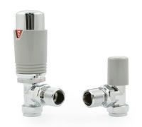 Hot Flow Chrome & Silver Estuary Angled TRV Thermostatic Radiator Valve (Pair) Includes Angled TRV Body, Wheel Head, Lock Shield. for Quick & Easy Temperature Control.