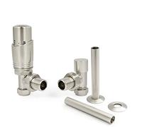 Hot Flow Satin Nickel Cascade Angled Modern TRV Thermostatic Radiator Valve (Pair) Includes Angled TRV Body, One Lock Shield & Pipe Sleeve for Quick & Easy Temperature Control.