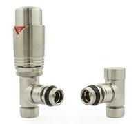 Hot Flow Satin Nickel Marella Modern Thermostatic Radiator Valve Angled TRV. Includes Angled TRV Body, Wheel Head & Lock Shield for Quick & Easy Temperature Control.