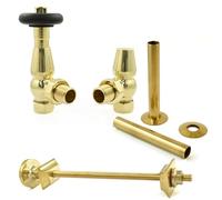 Hot Flow Unlacquered Brass Jordan Angled TRV Thermostatic Radiator Valve (Pair) Includes Angled TRV Body, Wheel Head, Lock Shield, Pipe Sleeve & Wall Stay for Quick & Easy Temperature Control.
