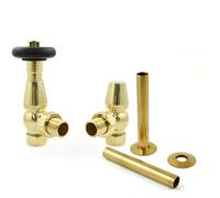 Hot Flow Unlacquered Brass Jordan Angled TRV Thermostatic Radiator Valve (Pair) Includes Angled TRV Body, Wheel Head, Lock Shield & Pipe Sleeve for Quick & Easy Temperature Control.