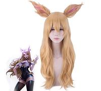 Hot Game Lol Character Kda K/da Ahri Wig Cosplay Costume Golden Long Synthetic Hair Perucas Cosplay Fox Anime Wigs with Eear
