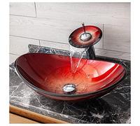 Hot Melted Red Artistic Shaped Bathroom Vanity Sink Tempered Glass Oval Vessel Basin Washing Set Bathroom Sink And Faucet Combo
