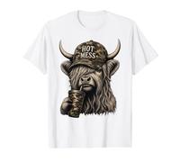 Hot Mess Highland Cow Military Camo Pattern Hat Straw Cup Value Graphic T-Shirt, Men, White, M