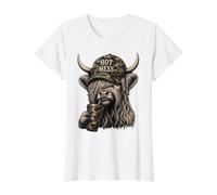 Hot Mess Highland Cow Military Camo Pattern Hat Straw Cup Value Graphic T-Shirt, Women, White, M