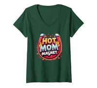 Hot Mom Magnet: Fiery Horseshoe for Attractive Mothers V-Neck T-Shirt, Women, Forest Green, XXL