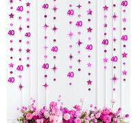 Hot Pink 40th Birthday Decorations Number 40 Circle Dot Twinkle Star Garland Metallic Hanging Streamer Bunting Banner Backdrop for Women Cheers to 40 Years Old Bday Forty Anniversary Party Supplies