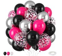 Hot Pink and Black Balloons,50PCS 12 Inch Black Pink and Silver Confetti Balloons with Ribbon,for Girls Wedding Bridal Shower Birthday Party Decorations