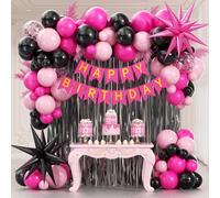 Hot Pink and Black Birthday Decorations with Black Light Hot Pink Confetti Foil Balloons Banner Fringe Curtain for 21st 25th 30th 40th 50th Happy Birthday Decorations for Women