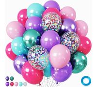 Hot Pink and Purple 12 Inch Balloons, Teal Blue Little Mermaid Metallic Green Confetti for Girls Under The Sea Party, Birthday Decorations