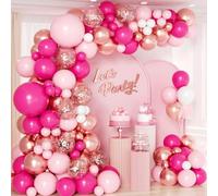 Hot Pink Balloon Arch Kit, 135pcs Pastel Pink Rose Gold Balloon Garland, Macaron Pink White Metallic Confetti Balloons for Birthday Wedding Bridal Baby Shower Valentine Princess Party Decorations