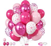 Hot Pink Balloons, 50Pcs 12 Inch Macaron Metallic Pink White Flower-Printed Magenta Confetti Birthday Balloons for Girls Women Birthday Princess Theme Party Decorations Bridal Baby Shower Wedding