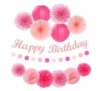 Hot Pink Birthday Party-Decorations Paper-Flowers - 14pcs Happy Banner Girl Lanterns Tissue Pom Poms,Women Streamers Garland Fans,21st 18th Princess Baby Sweet 16 Pretty Hanging Supplies Decor Hugfond