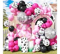 Hot Pink & Black Balloon Arch Kit, 110 Pcs Farm Cow Print Arch with Metallic Silver & Baby Pink Balloons, Cowgirl Farm Birthday Decoration
