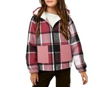 Hot Pink Boy & Girls Fleece Lined Shacket Coat 6 Years Plaid Printed Kids Jacket Zipper Pocket Outerwear Winter Warm Woolen Outdoor Wear Thickened Hooded Windproof Windbreaker