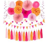 Hot-Pink Burnt-Orange Fall Party Decorations - 33pcs Birthday Baby Shower Banner,Streamers Tassel Garland,Sunset Autumn Thanksgiving Tissue Pom Poms,Paper Lantern Fans,Wedding Backdrop Decor Hugtmr