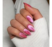 Hot Pink Cat Eye Press on Nails Almond Shape, 30 Pcs Glitter Fake Nails Medium Stiletto, Sparkly Bling Acrylic Fake Nails Shiny Gel Stick on Nail for Women Daily Wear