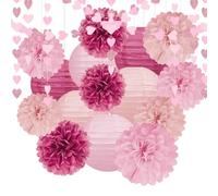 Hot-Pink Decorations for Party - 17pcs Tissue Paper Flowers Pom Poms Lanterns Birthday Bridal Baby Shower Wedding Anniversary Bachelorette Engagement Graduation Hanging Decor Hongtongtong