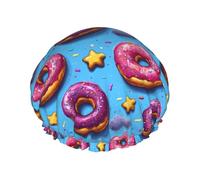 Hot Pink Donut Print Shower Caps for Women, Reusable Double Layers Elastic Band Long Hair Bath Caps for Shower