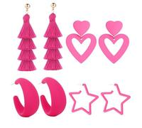 Hot Pink Earrings Set, 4 Pairs Statement Earring, Pink Earrings, Jewelry Accessories, Double Heart, Flower, Rose Petal Drop, Boho Tassel Designs For Women