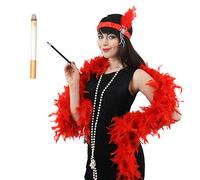 HOT PINK FLAPPER FANCY DRESS SET INSTANT GATSBY KIT PINK FEATHER BOA + FEATHER HEADBAND + PEARL NECKLACE + FAKE CIGARETTE+ CIGARETTE HOLDER 20S GREAT GANGSTER MOLL