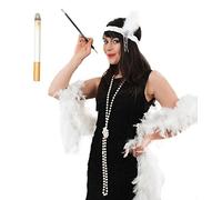 HOT PINK FLAPPER FANCY DRESS SET INSTANT GATSBY KIT PINK FEATHER BOA + FEATHER HEADBAND + PEARL NECKLACE + FAKE CIGARETTE+ CIGARETTE HOLDER 20S GREAT GANGSTER MOLL