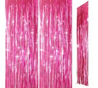 Hot Pink Foil Door Curtain Decorations, 2pcs 3.2ft x 8.3ft Tinsel Curtains Fringe Backdrop, Bright Pink Streamers Door Hanging Decoration for Birthday Wedding Bridal Shower Bachelorette Party.