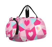 Hot Pink Geometric Shapes Hearts Girl's Gym Duffel Bag with Shoes Compartment Multifunctional Weekend Overnight Carry on Bag for School Practice, Sports, Travel