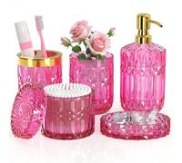 Hot-Pink Glass Bathroom Accessories Set 5 Pcs, Hot-Pink Bathroom Set, Soap Dispenser and Toothbrush Holder Set, Qtip Holder Set, Vintage Bathroom Sink Set, Cute Bathroom Decor