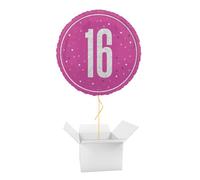 Hot Pink Glitz Age 16 Holographic Round Foil Helium Balloon - Inflated Balloon in a Box
