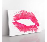 Hot Pink Lips Kiss V3 Modern Canvas Wall Art Print Ready to Hang, Framed Picture for Living Room Bedroom Home Office Décor, 50x35 cm (20x14 Inch)