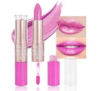 Hot Pink Metallic Glitter 2 in 1 Lipstick Combo Lip Gloss Stain Set Makeup for Women Long Lasting Waterproof 24, Rose Pink Frosted Metallic Shimmer Glossy iridescent Liquid Lipstick (04#)