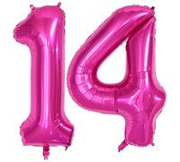 Hot Pink Number 14 Balloons, 40 Inch Hot Pink Helium Foil Number 14 Balloons, Large Number Age Balloon Self Inflating for Boys Girls 14th Birthday Wedding Anniversary Party Decorations(Digital 14)