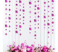 Hot Pink Number 16 Circle Dot Twinkle Star Garland Hanging Streamer Bunting Banner Backdrop Decorations for Girls Happy 16th Birthday Sweet Sixteen 16th Anniversary Cheers to 16 Years Party Decor