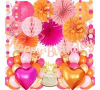 Hot-Pink Orange Birthday Decoration for Women Girl, Fall Peach Burnt-Orange Gold Balloon Décor-Happy Banner, Streamers Lanterns Honeycomb, Tissue Flowers Pom Poms Fan, Boho Sunset Autumn Party Décor