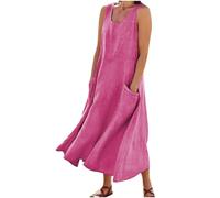 Hot Pink Plus Size Dress for Women Cotton Linen Long Length Loose Tank Shift Dresses with Pockets Ladies Round Neck Sleeveless Linen Maxi Dress Boho Sundresses Beach Party Going Out XL