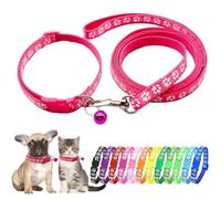 Hot Pink Puppy Collar And Lead Sets, XS Dog Collar And Lead Set Pawprint Adjustable Kitten Collar With Bell For Tiny Little XXS Extra Small Breed Pets Dogs Cats Girls Female