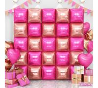 Hot Pink Rose Gold Square Foil Balloons Wall, 25PCS Double Sided Chrome Deep Pink Rose Balloons Tunnel Arch Kit Backdrop for Girls Birthday Party Bridal Shower Wedding Engagements Decorations
