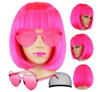 Hot Pink Short Straight Bob Wig With Bangs 30.5 Cm Short Synthetic Fiber Carnival Halloween Cosplay Wig for Daily Life Colorful with Heart Sunglasses for Women Girls (Hot Pink, 2 Pcs)