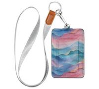 Hot Pink Turquoise Green Wave Abstract Art Style Leather Cute Badge Holder with Lanyard and 3-Card Capacity id case Holder for Staffs Officers Students Doctors Employees