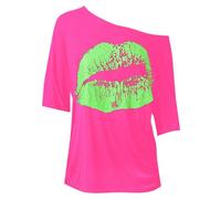 Hot Pink Women's Big Lip Print Short Sleeve Off The Shoulder Top, Sexy Lips Graphic Baggy Style T Shirt for Casual & Party Wear 1/2 Sleeves 80s T-Shirts Women Carnival Fashion Pullover Tee Tops