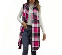 Hot Pink Women's Checked Gilets Longline Vest Jackets, Sleeveless Lapel Button Down Tweed Waistcoat with Pockets, Plain Collar Casual Gilet, Trendy Plaid Print Casual Elegant Long Jacket L