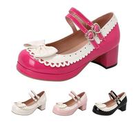 Hot Pink Women's Girls Kawaii Mid Block Heel Mary Jane Sweet Bowknot Double Buckle Strap Platform Round Toe Chunky Heel Cute Sweet Shoes Pumps Party Dress Shoes Footwear UK Size 6.5