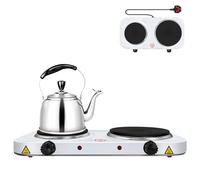 Hot Plate 2 Ring Hobs with Cast Iron Heating Plates with 5 Levels Separate Thermostat Control Portable Electric Table-Top Cooking for Home, Camping & Caravan (1000W＋1500W) - White