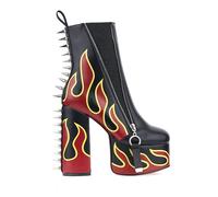 Hot Platform Sole Women Ankle Boots in Black PU/Flames. Rivets black PU vegan uppers materials with flames, spikes at the back, inside zip and a chunky high heel, Black, 4 UK
