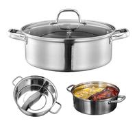 Hot Pot with Divider 10x4 Inch Stainless Steel Shabu Shabu Pot with Toughened Glass Lid & Anti-Scald Handle Double Boiler for Induction Cooktop, Gas Stove, Hot Pot with Divider