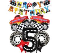 Hot Race Truck 5th Birthday Party Decorations Set Including Giant 40" Number 5 Balloon, Banner, Balloons