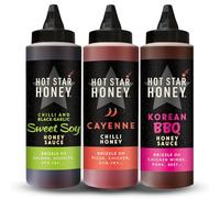 Hot Star Honey Asian Sauce Gift Set - Includes Sweet Soy, Cayenne Chilli & Korean BBQ Sauce - 100% Natural, No Additives - Perfect for Chicken, Pizza, Pasta, Steak & Noodles - Made in UK - 1030g