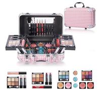 Hot Sugar All In One Makeup Set for Adults and Girls-Full Makeup Kit for Beginners Includes Eye Shadow Palette Blush Lip Gloss Lipstick Lip Pencil Eye Pencil Brush Mirror (Pink Houndstooth)